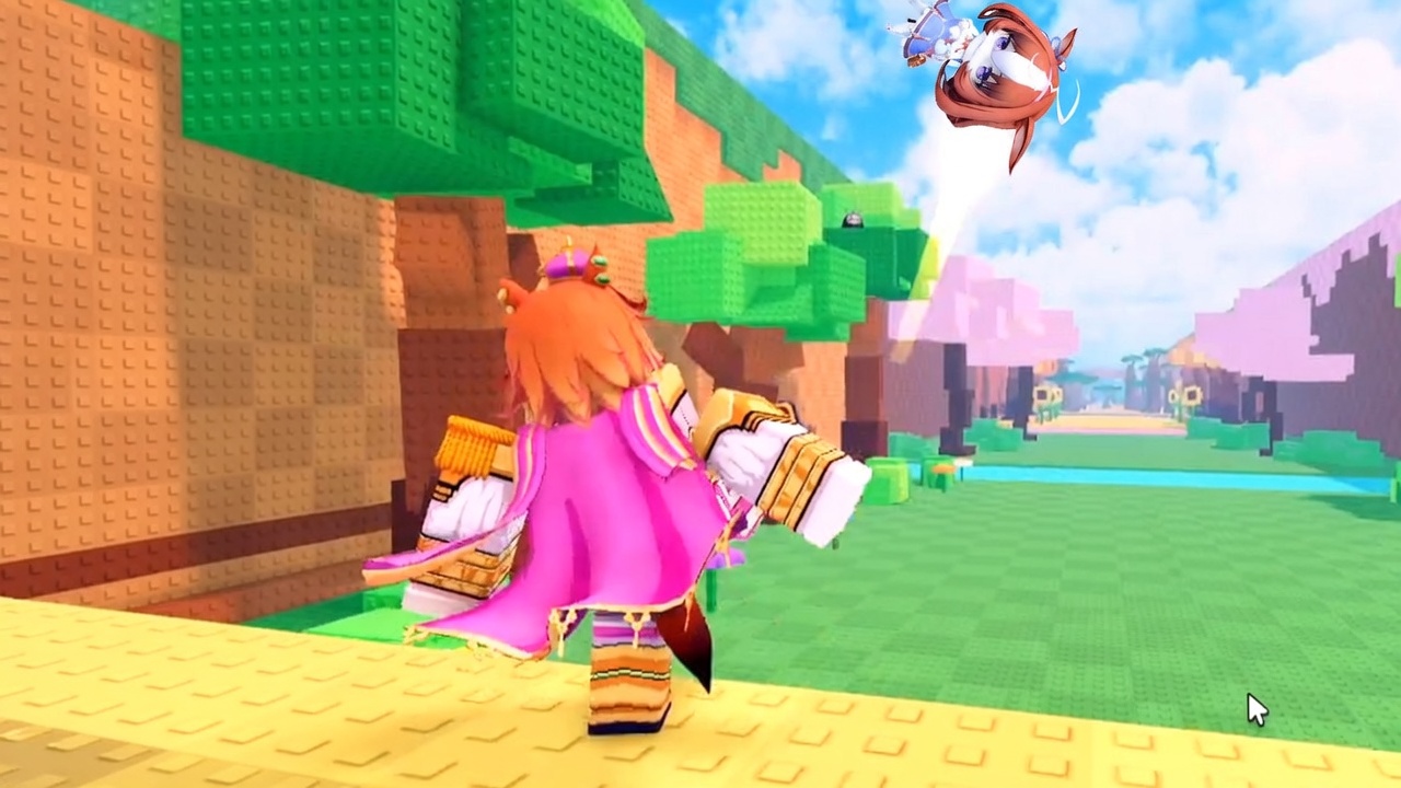 A pink-and-gold Uma on the yellow kick pad launching another horse girl across the Kick an Uma Roblox track